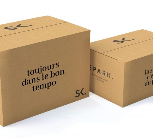 Cartons de déménagement Spark, soigneusement emballés et étiquetés, prêts à faciliter l'organisation et le transport des équipements de bureau, illustrant des solutions pratiques pour un déménagement de bureaux réussi.