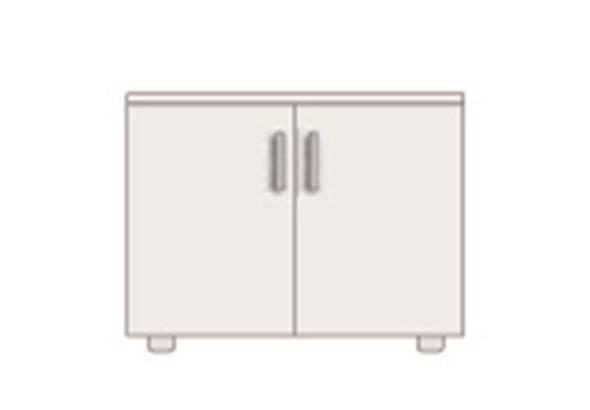 Vue d'ensemble du meuble bas de bureau, conçu pour offrir un espace de rangement fonctionnel et élégant sous un plan de travail, avec un design moderne et épuré.