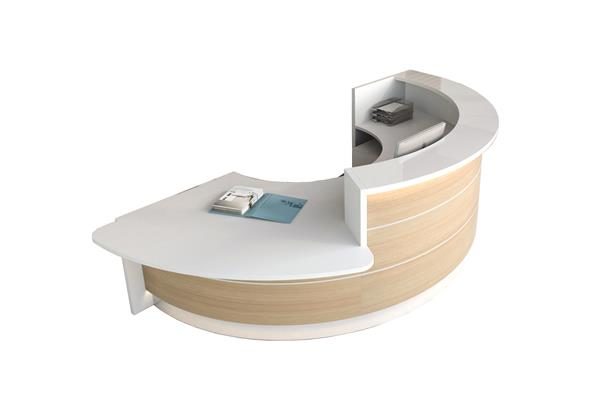 Banque d'accueil CUBIK, montrant son design moderne et angulaire avec un comptoir spacieux et des finitions contemporaines, parfait pour un environnement de réception professionnel.