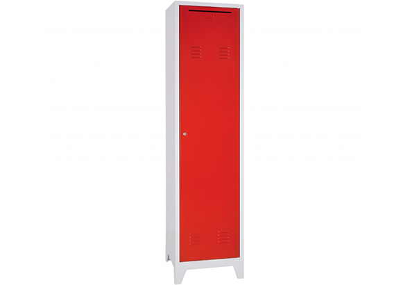 Armoire vestiaire grande largeur 1 case avec portes battantes en métal, offrant un espace de rangement organisé pour vêtements et accessoires. Design fonctionnel pour une utilisation dans des environnements professionnels et vestiaires.