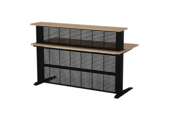 La banque d'accueil Space II, noir et bois, a un design contemporain qui s'intègre bien dans des environnements professionnels. La banque peut être configurée en différentes tailles et formes pour répondre aux besoins spécifiques des utilisateurs.