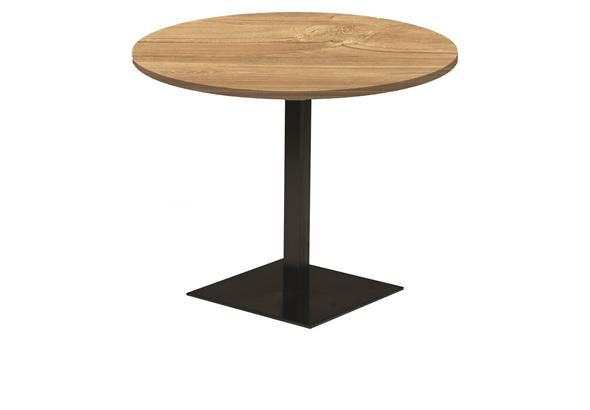 Table Linea avec surface élégante en bois et pieds métal noir modernes, disponible en versions carrée et ronde avec hauteurs de 74 cm et 110 cm. Conçue pour s'adapter à divers environnements, de l'espace de coworking aux salles de réunion.