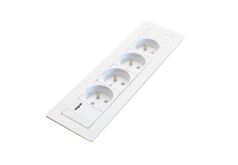 Boîtier de prise flat intégré, conçu pour une gestion discrète et efficace des câbles électriques dans un environnement de travail, offrant un accès pratique aux prises tout en optimisant l'espace.