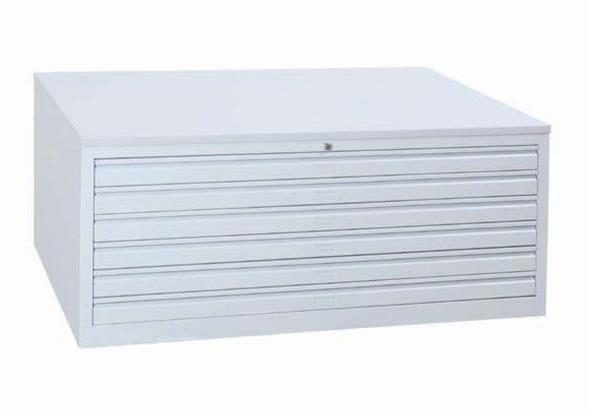 Meuble à plans métallique ouvert, montrant un grand espace de rangement pour des plans et documents grands formats avec des tiroirs robustes.