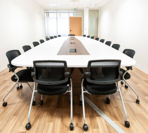 Salle de réunion spacieuse dotée d'une grande table et de chaises Birdy, offrant un cadre élégant et fonctionnel pour des discussions et des présentations en groupe.