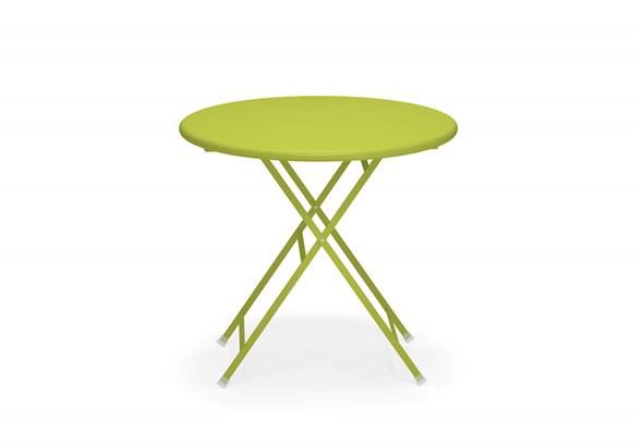Table d'extérieur ronde pliable IRIS, mettant en avant son design moderne vert et épuré. Conçue pour apporter une touche élégante à votre espace extérieur tout en offrant une surface de repas ou de travail pratique.