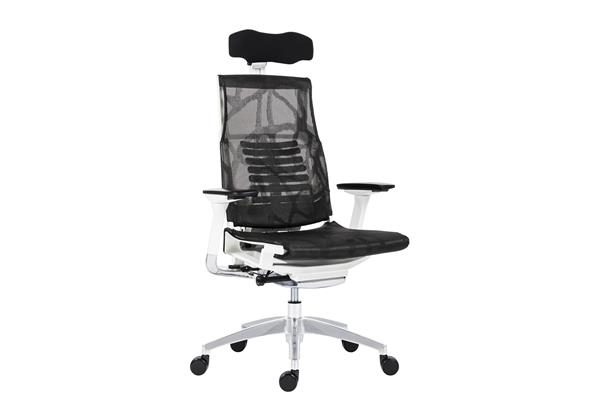 Fauteuil high-tech STATE, mettant en avant son design moderne et élégant, avec des commandes Bluetooth intégrées pour une connectivité pratique et un contrôle audio sans fil. Idéal pour un espace de travail futuriste.