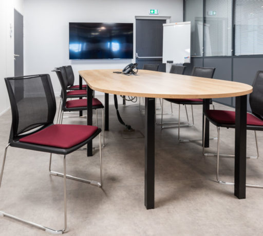 Salle de réunion chez Carbogen Amcis, dotée d'une grande table de conférence et de chaises confortables, offrant un cadre professionnel idéal pour des réunions importantes et des discussions en groupe.