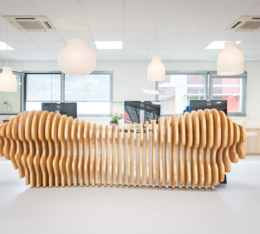 Zone d'accueil élégante et fonctionnelle avec des meubles de réception modernes, mettant en avant des solutions pour créer une première impression impressionnante et organiser efficacement l'espace d'accueil.