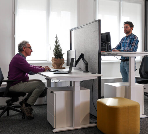 Bureau Dynamic assis-debout, conçu pour allier confort et ergonomie au travail, avec un design pratique et original pour améliorer le bien-être au bureau.